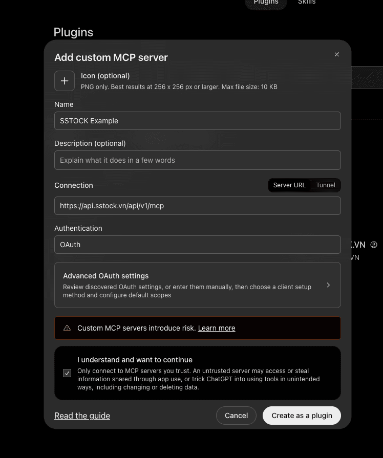 Hộp thoại Add custom MCP server trong ChatGPT