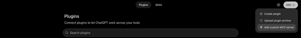 Menu Add trong trang Plugins của ChatGPT