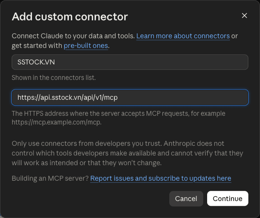 Hộp thoại Add custom connector trong Claude